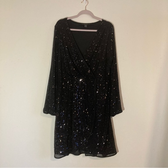 Forever 21+ Glam Black Sequin Long Sleeve Wrap Dress, Sz 2x 18/20 - Picture 8 of 14